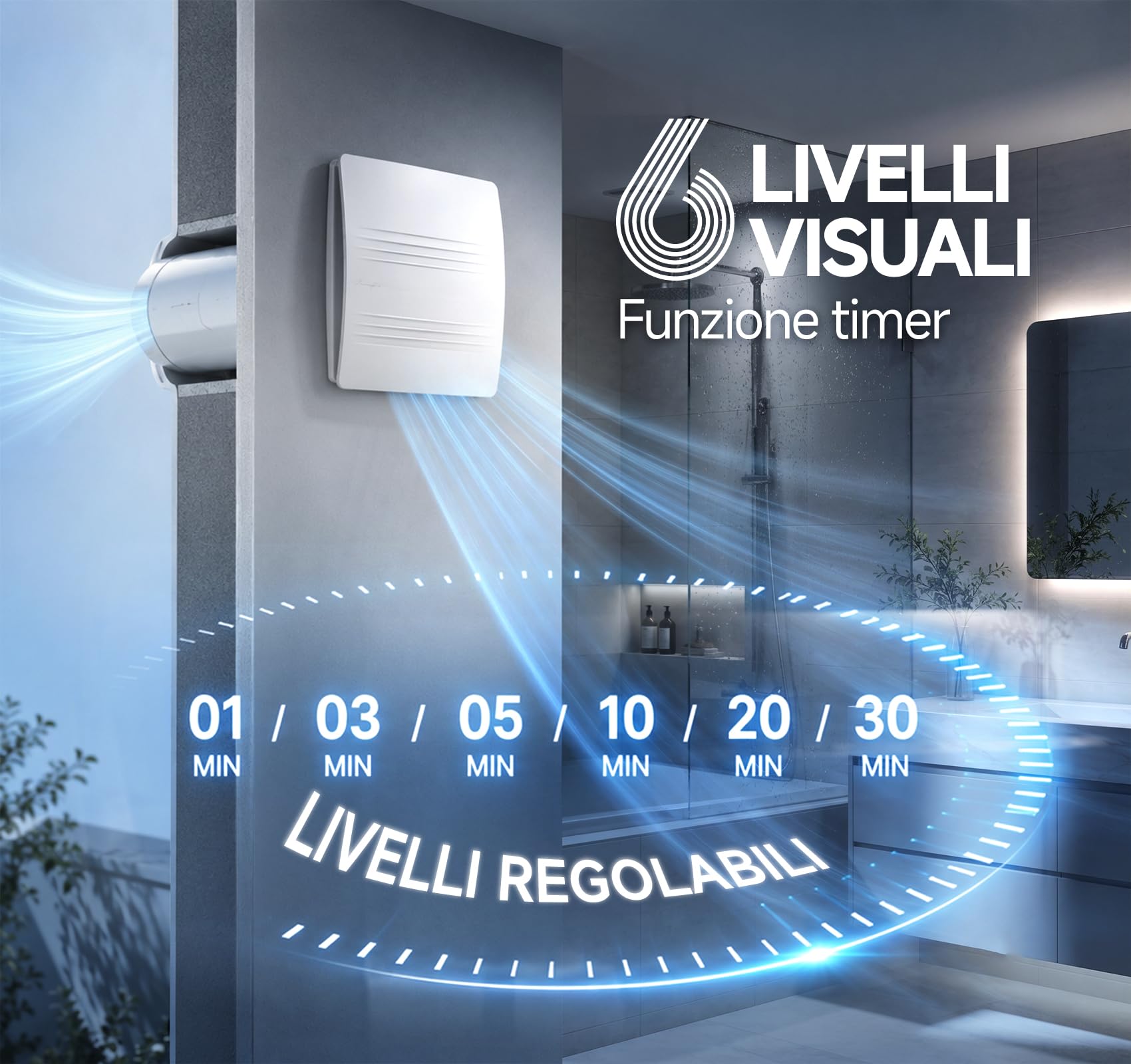 MOCINE Aspiratore bagno 100 mm con temporizzazione | Tempo di funzionamento regolabile su 6 livelli con display integrato, ventilatore WC silenzioso contro umidità e odori
