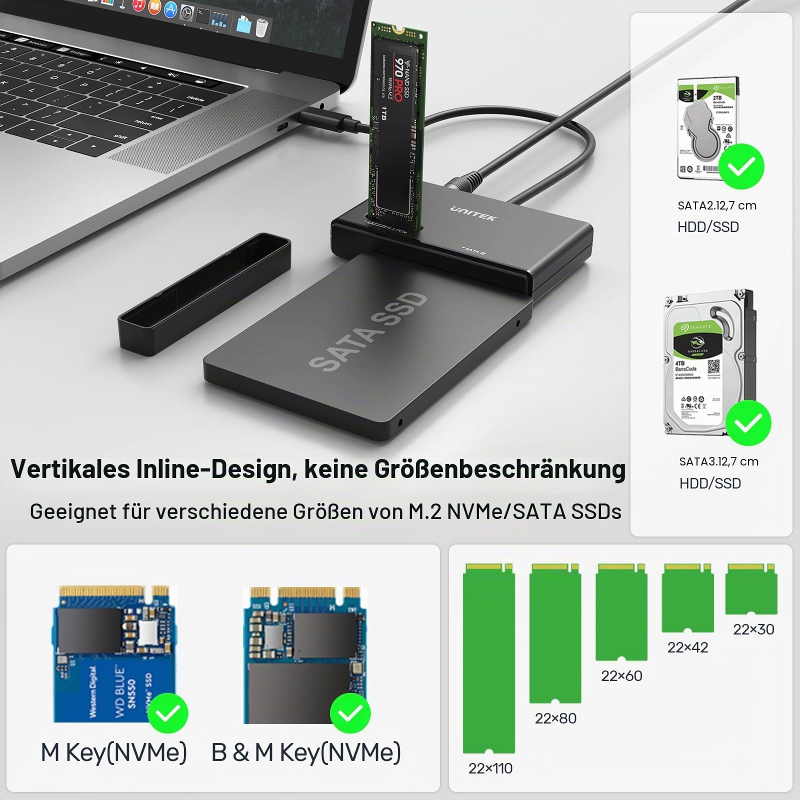 UNITEK M2 NVME und SATA USB 3.2 Adapter,10Gbps M.2 SSD Gehäuse,Werkzeuglos | Unterstützt SATA-Festplattenleser M und B&M-Schlüssel, kompatibel mit 2230/2242/2260/2280/22110 SSDs
