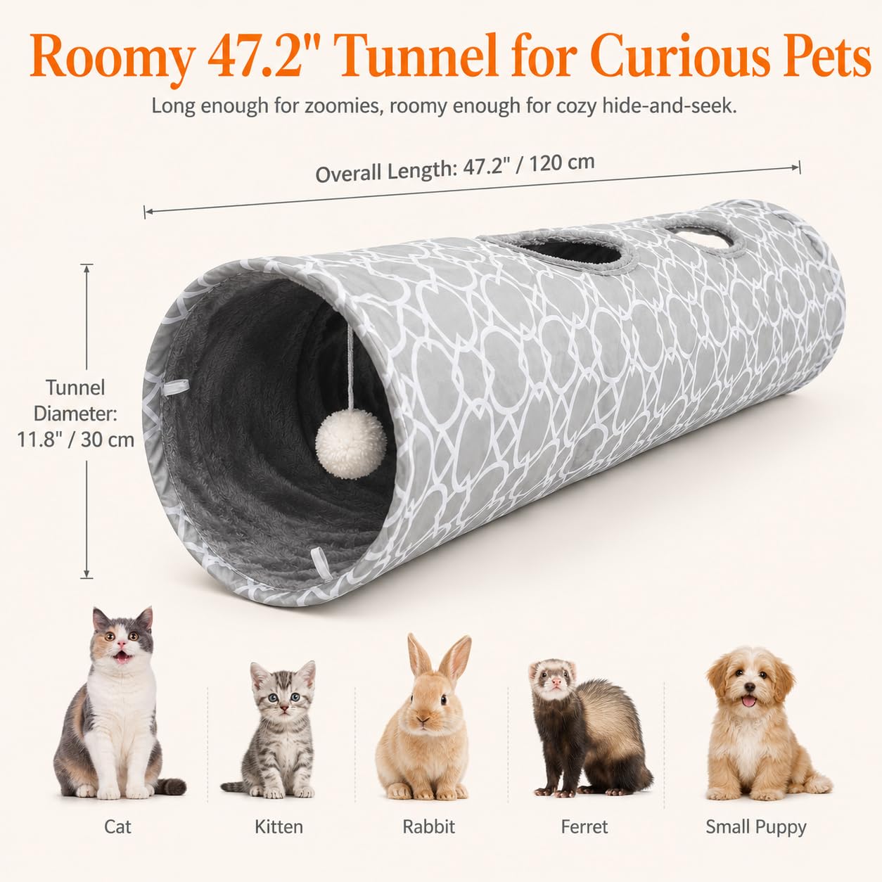 Túnel geométrico para gatos con felpa en el interior, juguetes para gatos, tubo de túnel plegable con bolas, para conejos, gatitos, hurones, cachorros y perros (gris-blanco-XL)