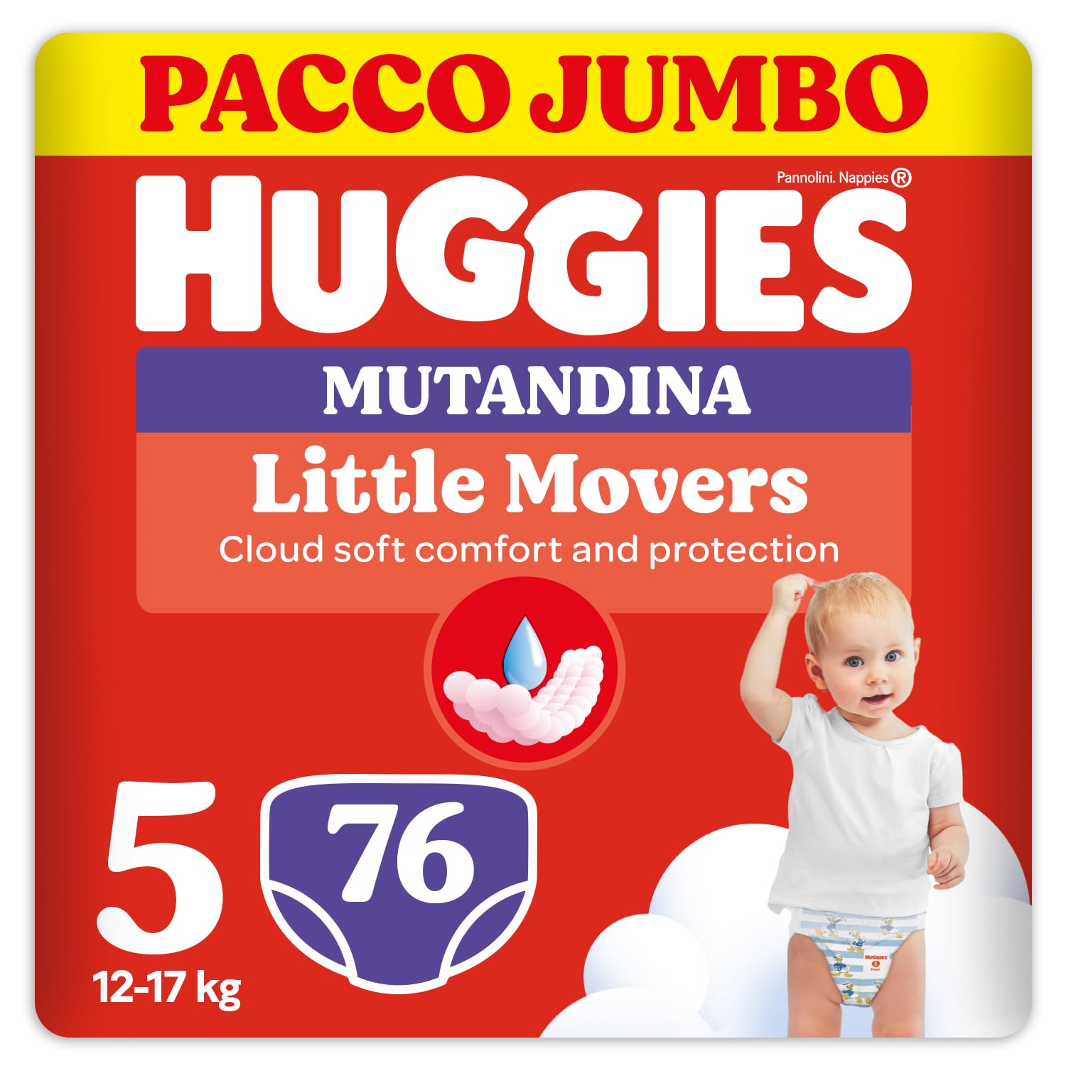 Huggies Little Movers Pannolini Mutandina Taglia 5 (12-17 Kg), Ultra assorbente, Protezione completa, Pacco Jumbo, 76 Pz