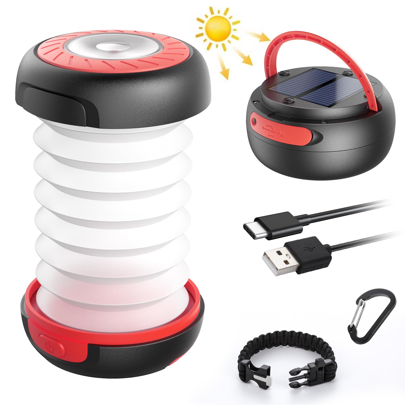 Linterna Camping Recargable, GlobaLink Linterna Solar Lampara Camping Plegable 140LM LED Farol Camping 3 Modos, Luz de Emergencia Carga Solar/USB, con USB Cable Pulsera Anillo para Acampada, Pesca