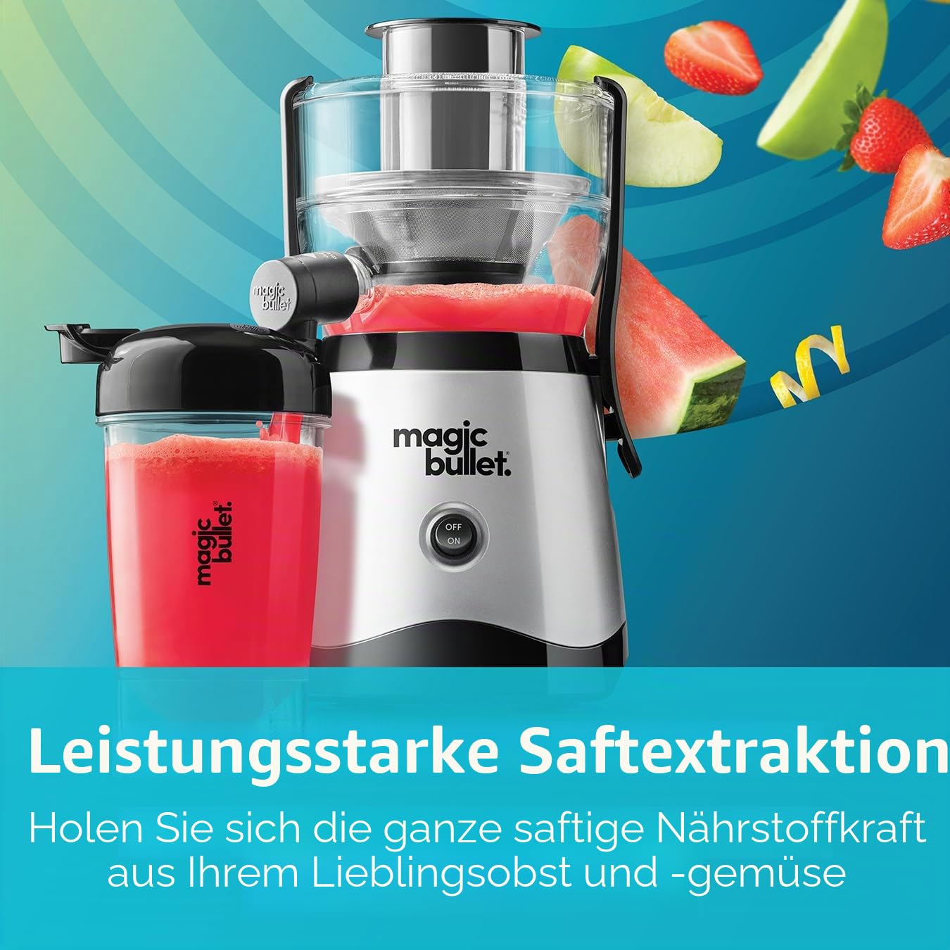 nutribullet magic bullet Zentrifugalentsafter aus Silikon & Edelstahl, 400 W, 10-teiliges Set, 470 ml, schwarz, kompaktes Design & spülmaschinenfest, Saft unterwegs in zwei einfachen Schritten
