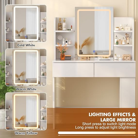 Devoko Dressing Table with LED Lighting Mirror,3 Light Colors,Adjustable Brightness,Vanity Table,Makeup Desk with 2 Drawers and 4 Storage Shelves, 90 x 40 x 135 cm, Modern White [Energy Class D]