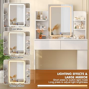 Devoko Dressing Table with LED Lighting Mirror,3 Light Colors,Adjustable Brightness,Vanity Table,Makeup Desk with 2 Drawers and 4 Storage Shelves, 90 x 40 x 135 cm, Modern White [Energy Class D]