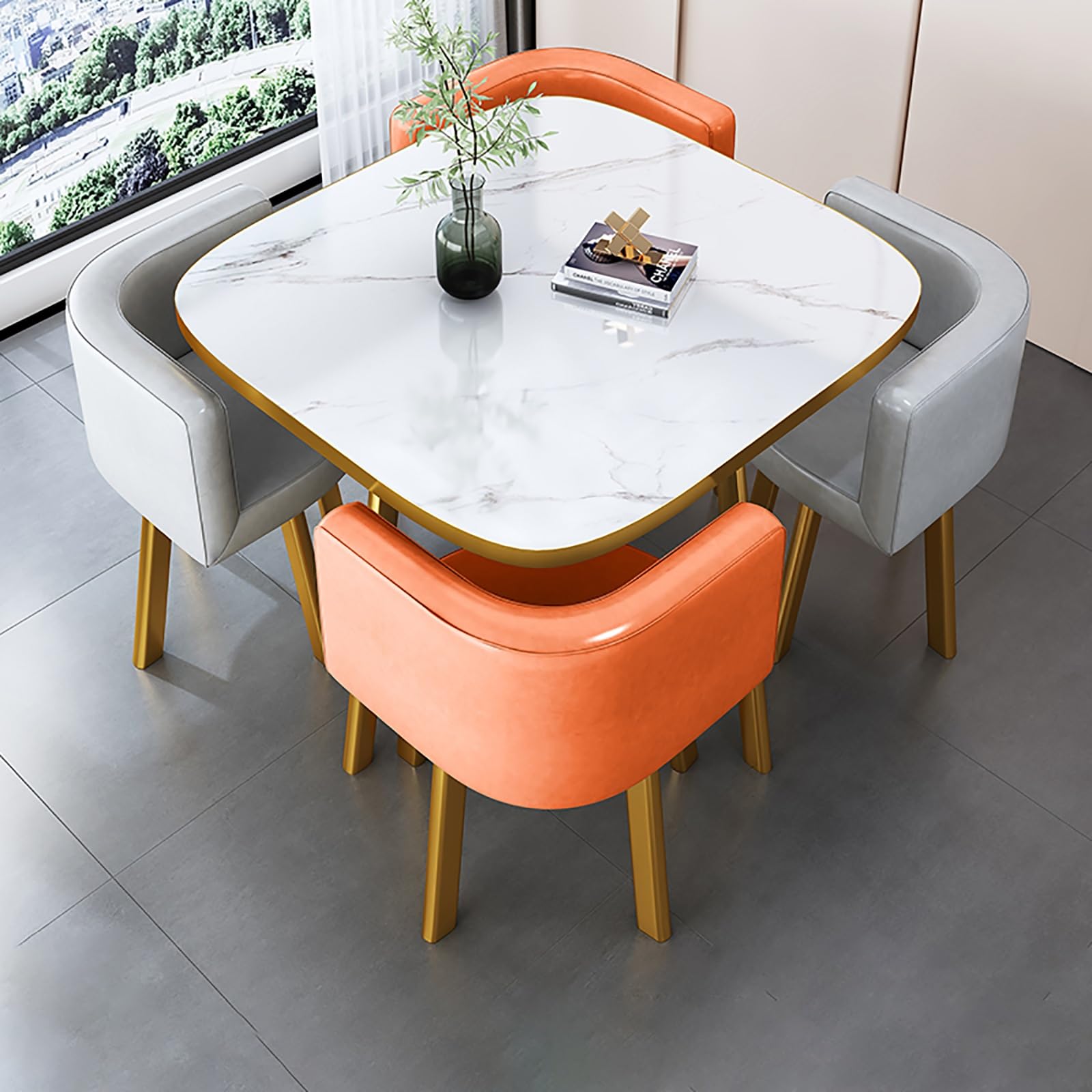 Round Dining Table Set for 4 Marble Table with Chairs Office Reception Desk and Chair Set Suitable for Lounge Living Room Office Space Modern and Elegant Design,Double Spell-Square-Leather