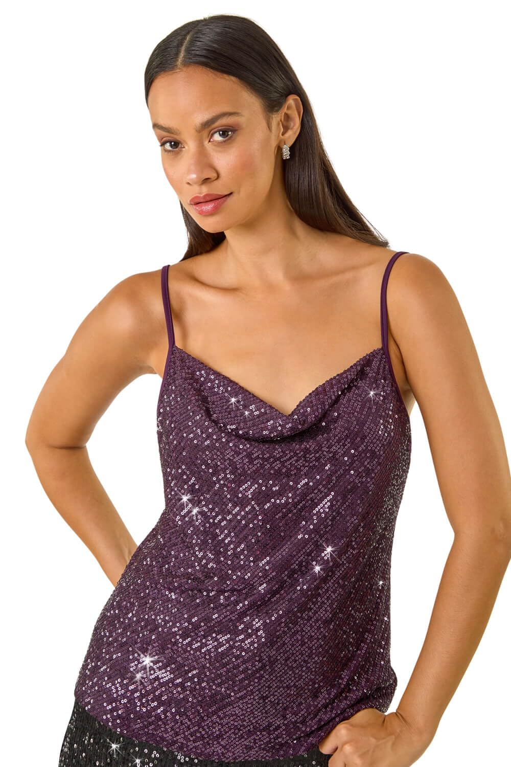 Roman Originals Women's Purple Dusk Fashion Cowl Neck Sequin Cami Top For Uk - Everyday Autumn Winter Comfy Soft Evening Vacation Work Party Night Out - Size 12