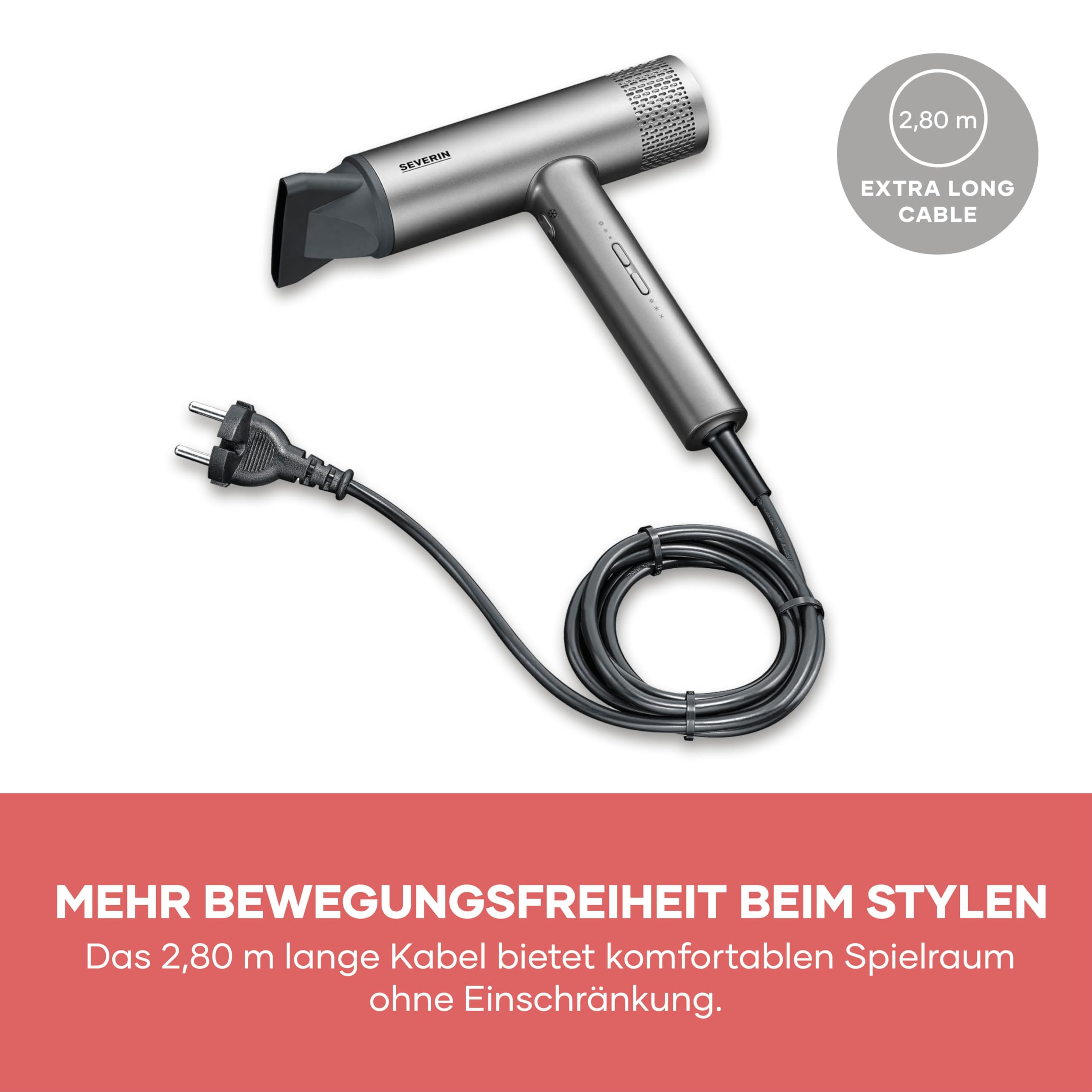 Severin Ionen-Haartrockner inkl. Diffusor, Konzentrator, leistungsstarker Föhn und langlebiger Haar-Trockner, BLDC-Motor, Ionic-Technologie, S-Style Speed Pro, 2,8m Kabel, 2.000W, anthrazit, HT 0171