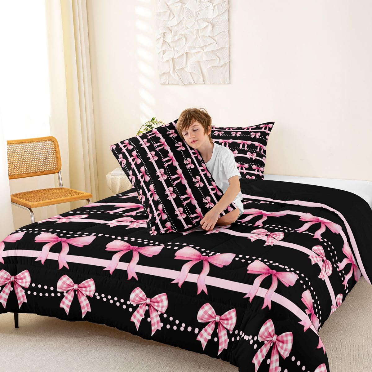 Homewish Preppy różowa kokarda pojedynczy zestaw kołdry - różowa kratka kokardki zestaw pościeli śliczna kokarda węzeł zestaw kołdry - księżniczka muszka bez przykrycia kołdra