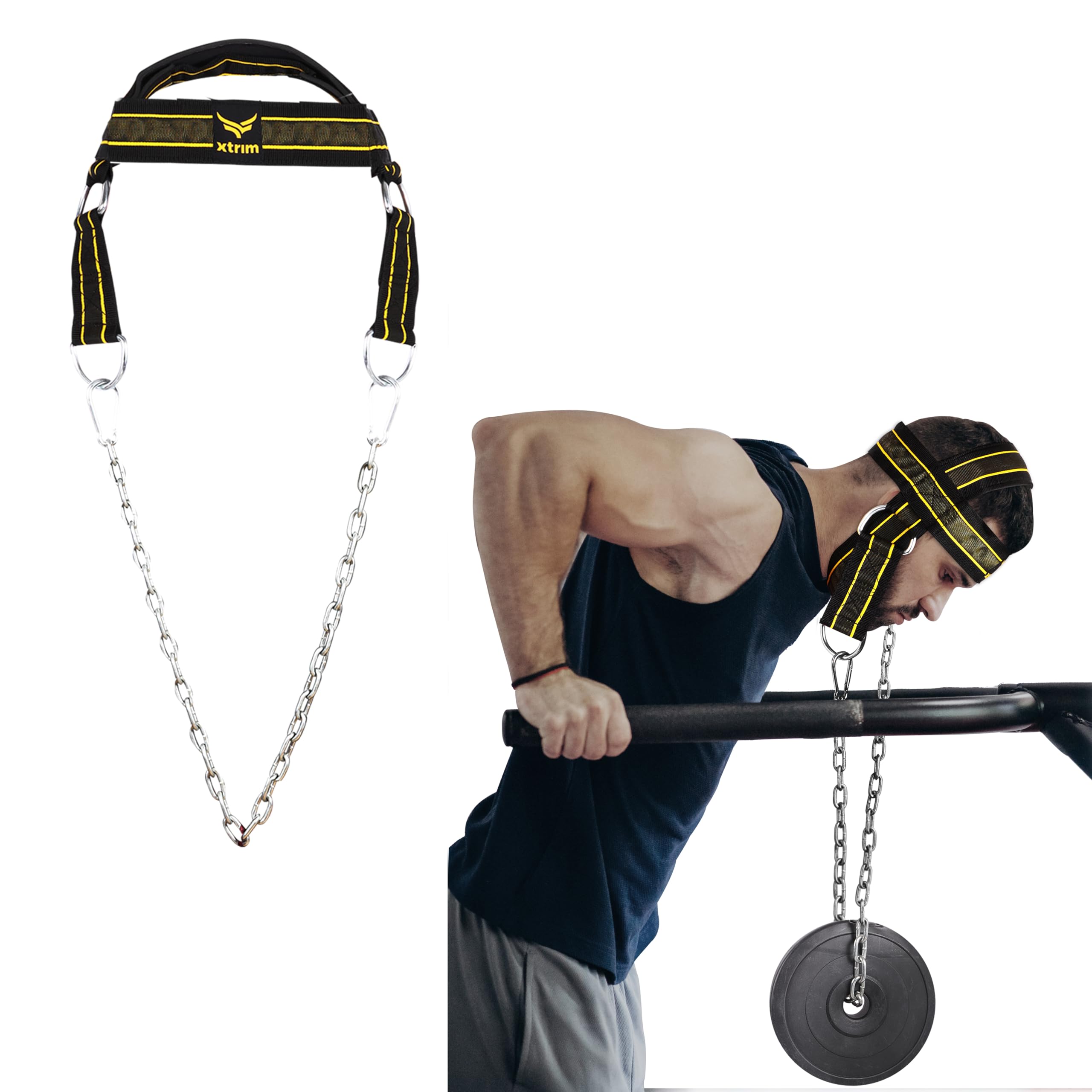 XTRIM Neck and Head Weight Harness with 30” Heavy-Duty Steel Chain & 4 D-Rings for Gym & Home Workout, Thick Neoprene Padded & Adjustable Strap with Superior Saddle Stitching (Yellow) (B07YLJWHQJ) Amazon Price History, Amazon Price Tracker