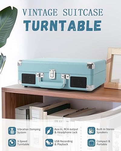 Miniatura 3 de Tocadiscos de maleta Bluetooth con altavoces integrados, control de graves y agudos, tocadiscos de 3 velocidades con parada automática, salida RCA y