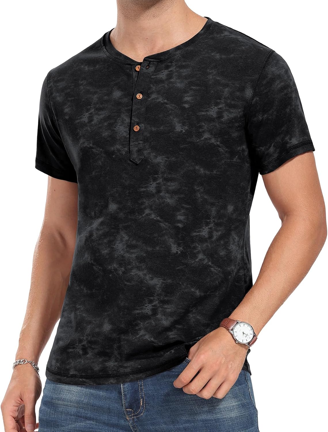 Hisir Camicia Henley Uomo Manica Corta: In Cotone Ed Elastan, Verde, Taglie S-XXL, Design A Tre Bottoni, Slim Fit, Per Estate