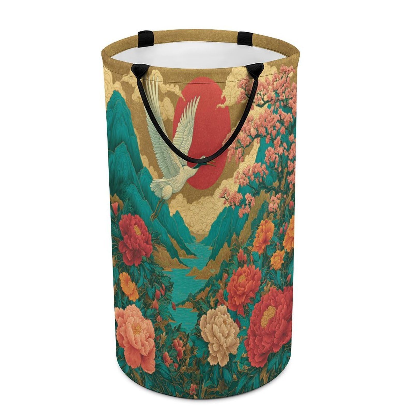 LUYYSKY Classic Abstract Animal Crane Versatile Storage Laundry Basket, Retro Oil Painting Japanese Red Sun Peonies Cherry Blossoms Flowers Large Bathroom Hamper With Handle-40 CM Dia, 69 CM High