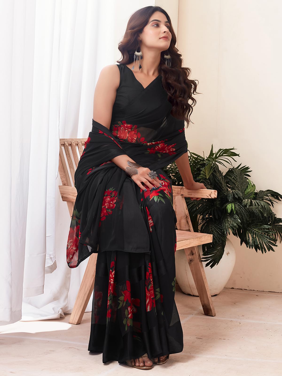 Satrani Women's Georgette Floral Printed Satin Stripe Saree With Unstitched Blouse Piece (3881S128N_Black3)