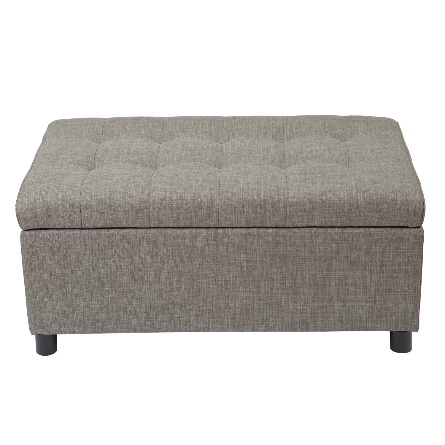 Adeco Fabric Sturdy Design Rectangular Tufted Lift Top Bench Footstool with Solid Wood Legs Storage Ottoman, Khaki
