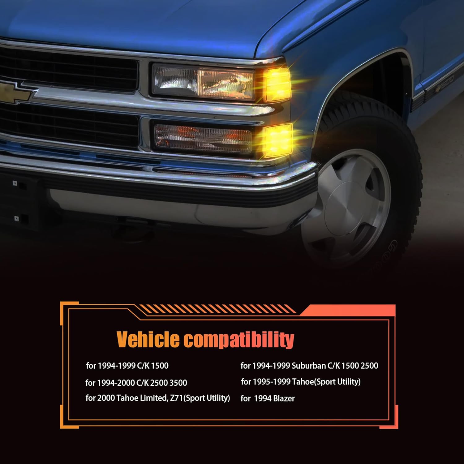 LED Amber Sequential Turn Signal Lights Compatible with 1994-2000 Chevrolet K/C 1500 2500 3500 Truck tahoe/Suburbban C/K 1500 2500 Front Corner Side Marker Lights 4pcs Clear lens
