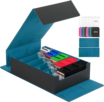 5 Row Trading Card Storage Box, 3800+Bulk Card Organizer Box with 20 Dividers & 5 Supporters, Graded Card Deck Box for YuGiOh, MTG, TCG with Double Lid Black/Cyan
