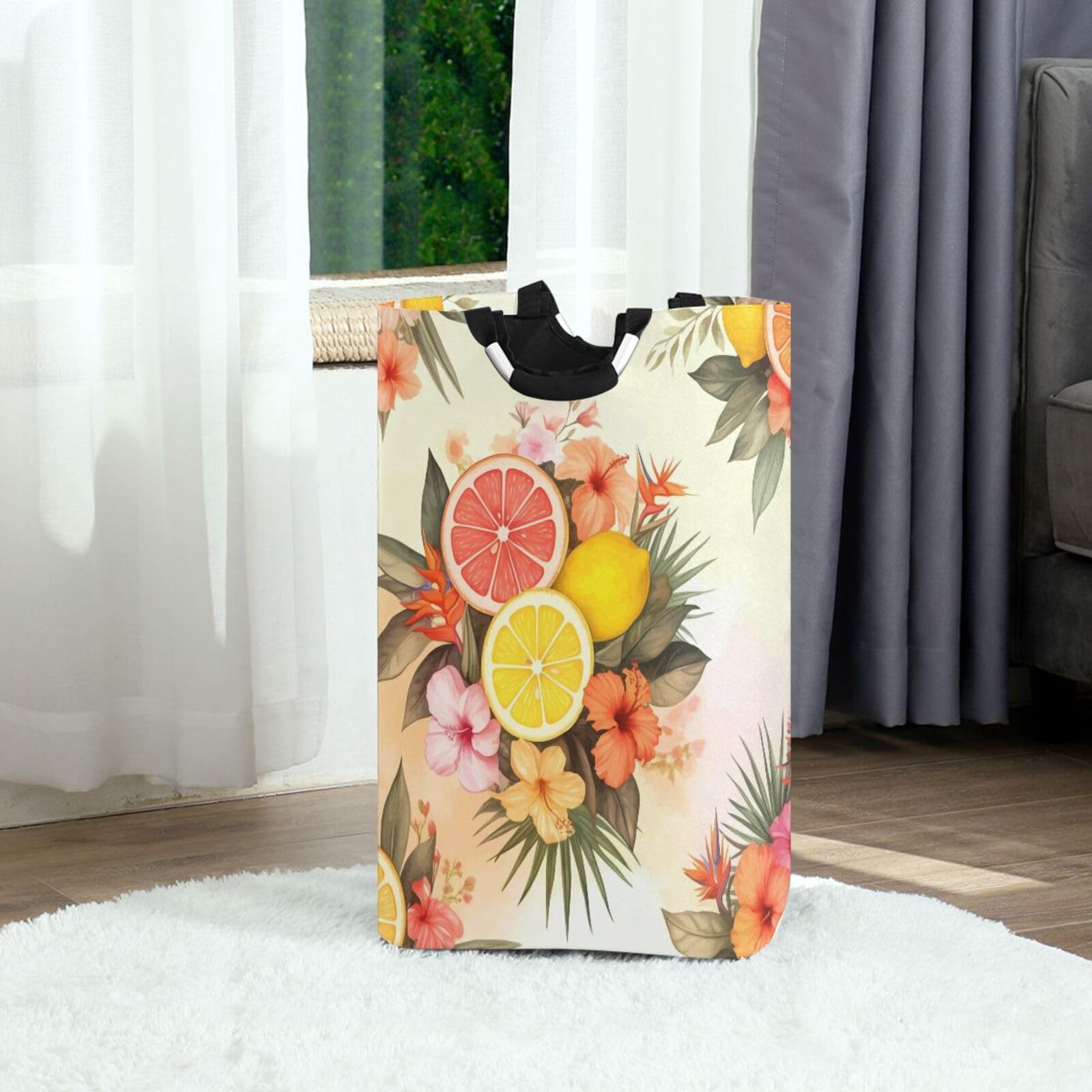 Jihqo Laundry Hamper Basket Tropical Floral Lemon Collapsible Nursery Storage Bin Waterproof Clothing Baskets for Home Bedroom Bathroom Washing Room