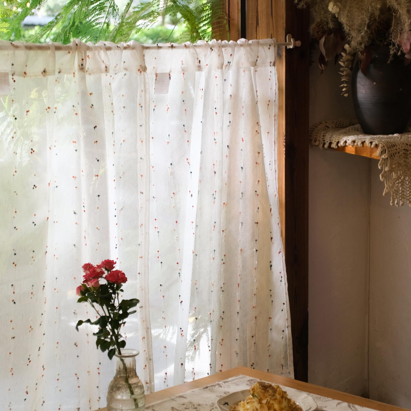 TOPICK Red Pom Pom Faux Linen Net Kitchen Curtains, W26xL45 Inch, 2 Panels