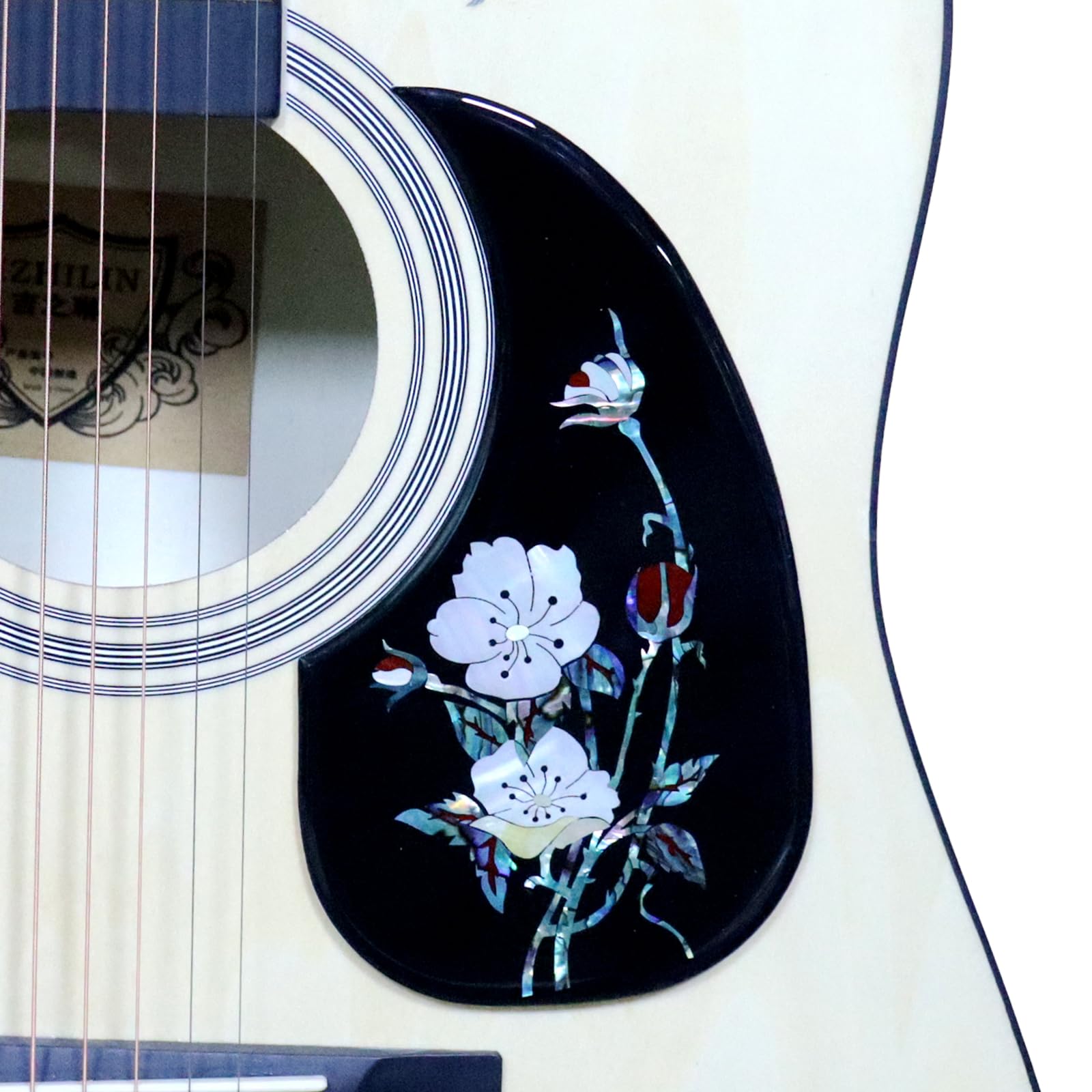 Samoprzylepna osłona do gitary akustycznej, pogrubiona osłona w kształcie łezki, inkrustowana skorupa uchowca, konstrukcja dla większości gitar akustycznych Martin (skorupa kwiatowa - czarna)