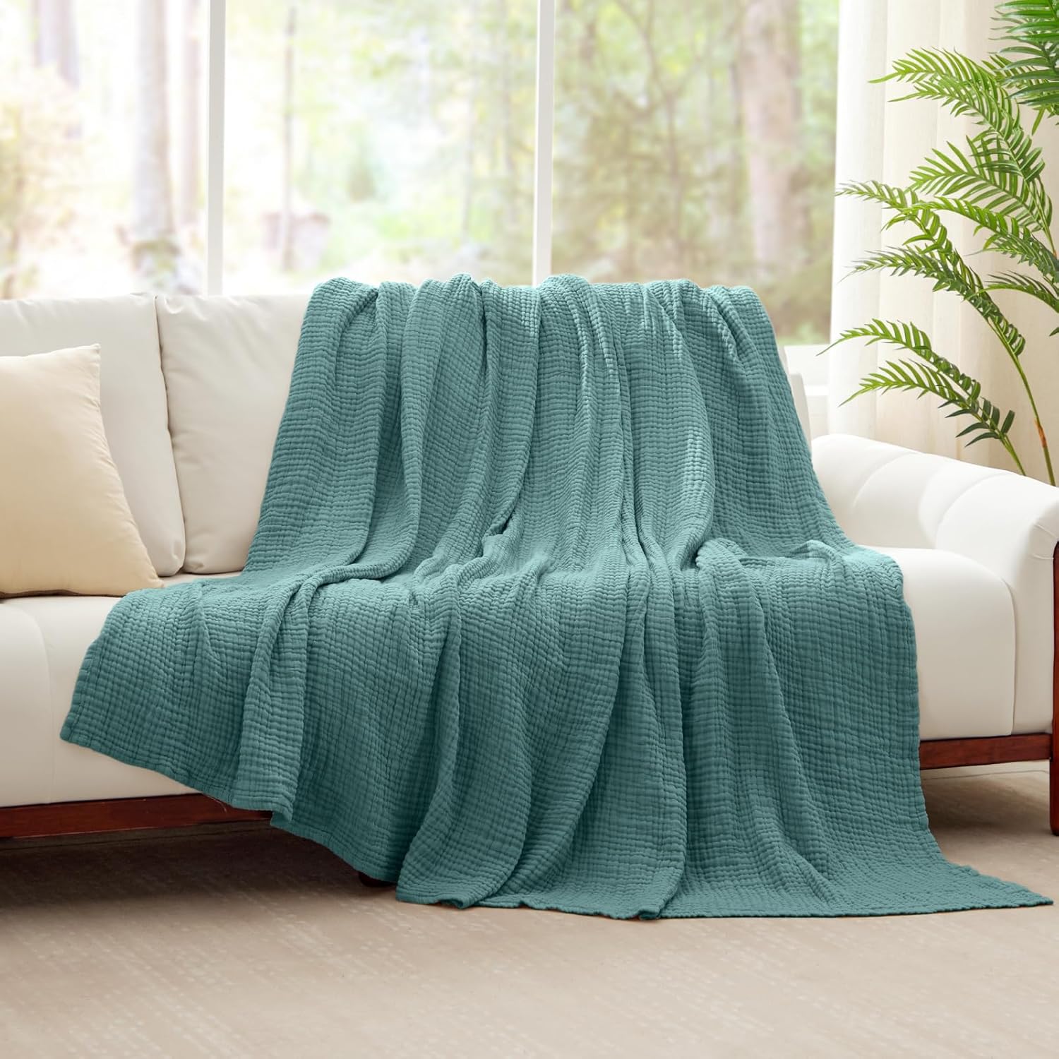 100% Cotton Muslin Blanket Twin 60" x 80", Breathable and Lightweight Cotton Twin Blankets for Couch, Soft Cooling Summer Gauze Blanket for Adults All Season, Teal Blue - Image 8