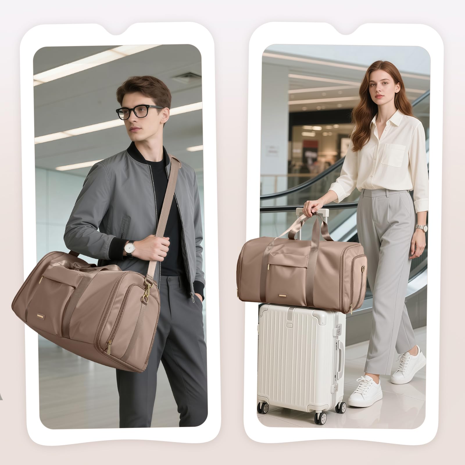 Bolsa de Viaje Convertible 2 en 1, con Compartimento Separado para Zapatos, Impermeable, Bolsa de Ropa Fin de Semana Bolsa de Traje Colgante para Hombres y Mujeres,48L, Marrón champán
