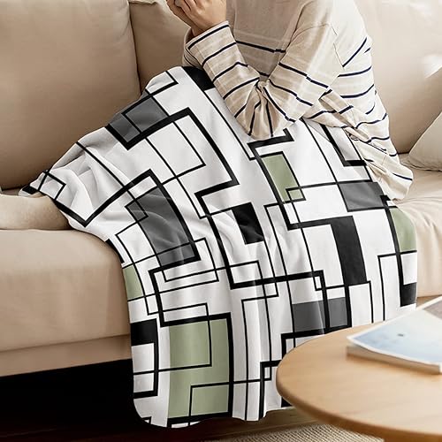 Miniatura 3 de Manta acogedora de franela con diseño geométrico, color negro, gris, verde salvia, arte abstracto, manta ligera de vellón súper suave para sofá,