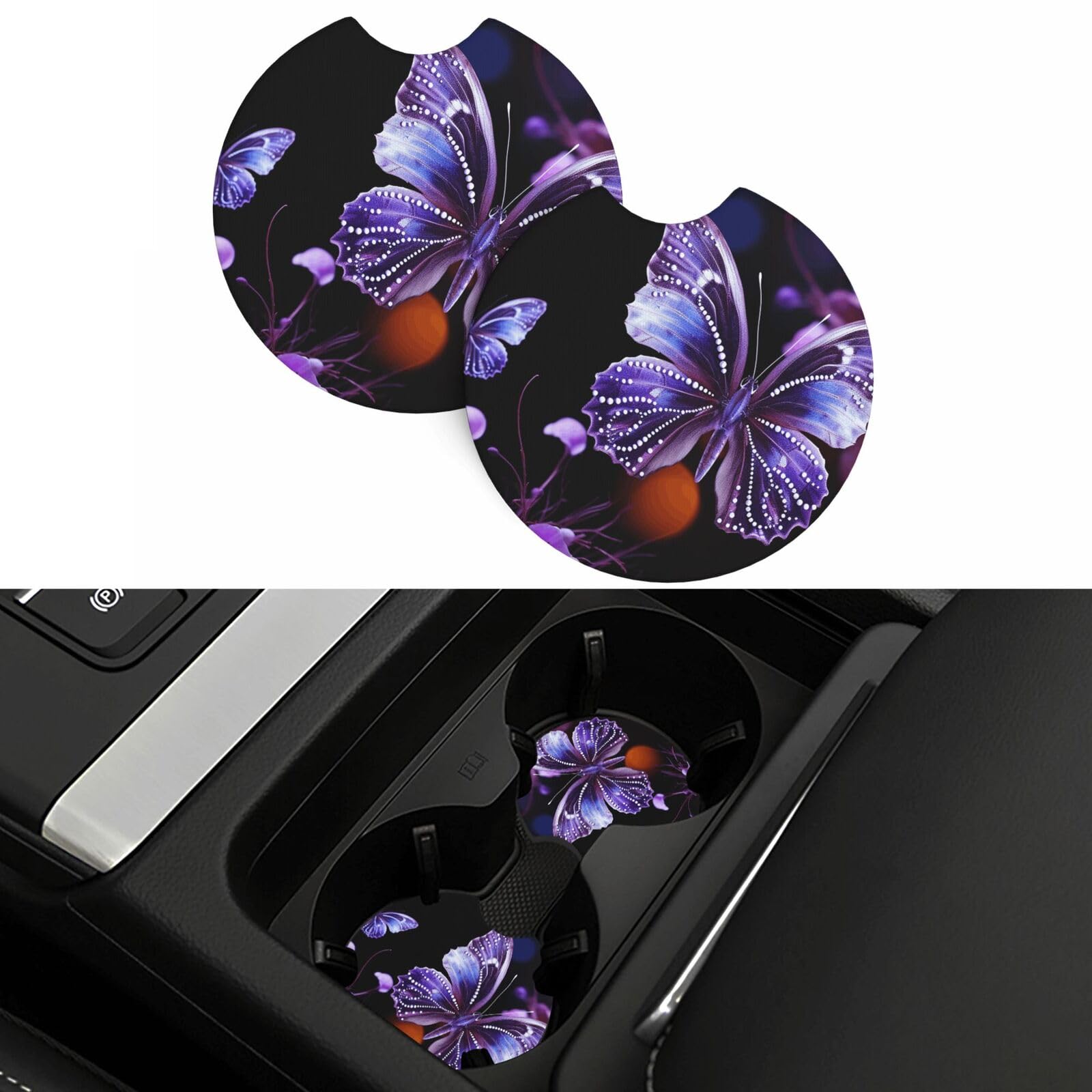 Beautiful Purple Butterfly Car Coasters 2 Pcs, Universal Non-Slip Rubber Car Cup Holder for Cup Holders, 2.75 Inch Neoprene Cup Pad Mat Coaster Car Interior Accessories for Women Men