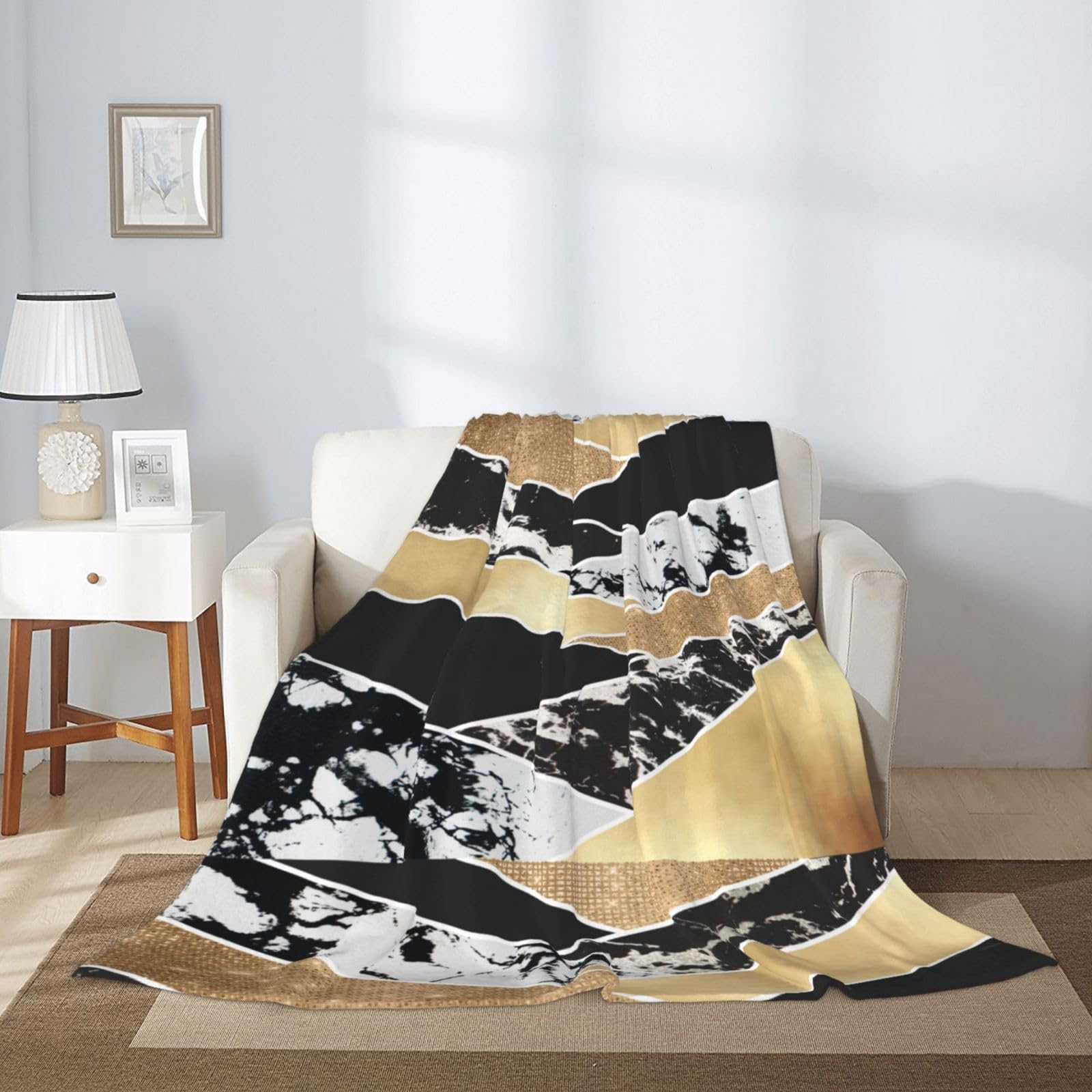 Moderne geometrische Kunst aus Gold, Schwarz und Weiß mit Glitzer Kuscheldecke, warme Flanell-Fleece-Plüsch-Überwurfdecke als Bettdecke/Bettlaken, 152 x 203 cm