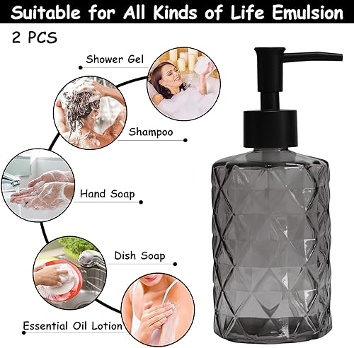 Miniatura 4 de Dispensador de jabón de vidrio con bomba de plástico negro dispensador de jabón líquido recargable de 12 onzas paquete de 2 botellas de loción de