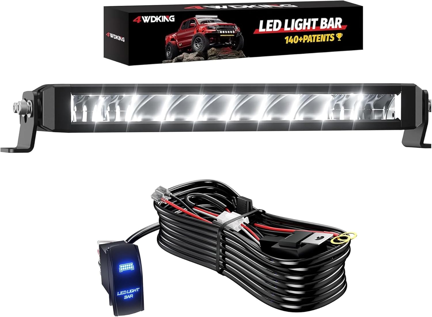 4WDKING 12inch Slim LED White Light Bar & 10FT LED Work Light Wiring Harness Kit 12AWG 1 Leads
