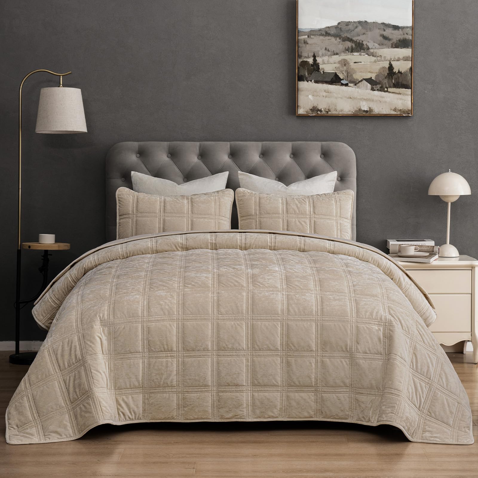 phf ultra soft velvet quilt set queen size â€“ 3pcs luxurious cozy quilted comforter alternative with diamond pattern, warm quilted bedspread coverlet, 90" x 92", oxford tan