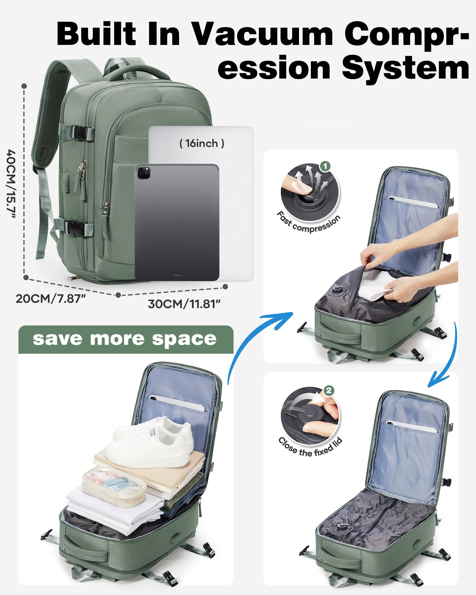 Mochila Cabina Al Vacio Con Bomba Mochilas Viaje Cabina Avion 40x20x25 40x30x20 Ryanair Mochila Equipaje De Mano Hombre Wizzair Para Portatil Mujer Travel Backpack Verde