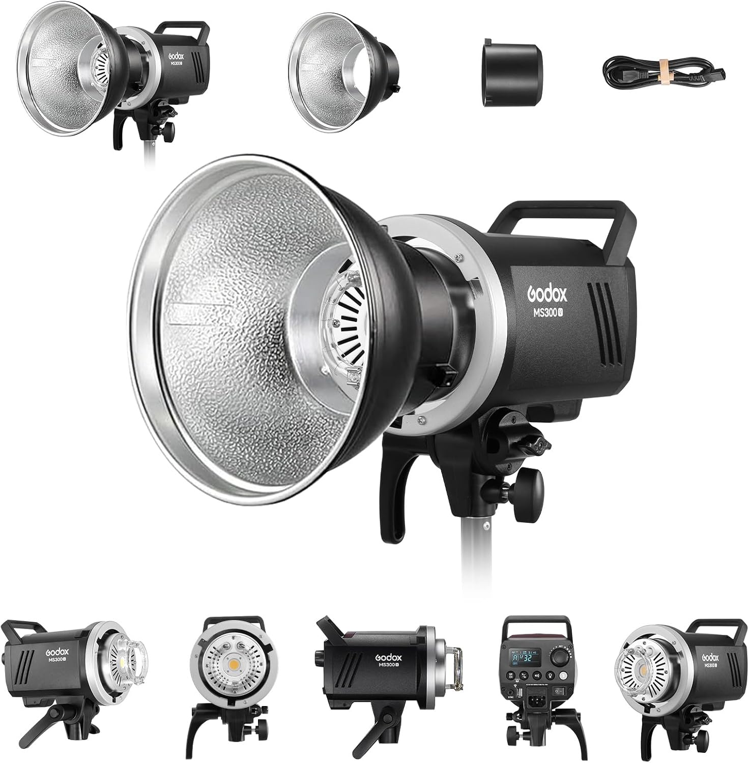 Godox MS300V 300Ws GN58 Compact Studio Strobe Flash Monolight with Bowens Mount Reflector Kit, Modeling Lamp 2.4G Wireless 5600K, 1.3s Recycle at Full Power (MS300 Upgraded Version 110 to 120V)