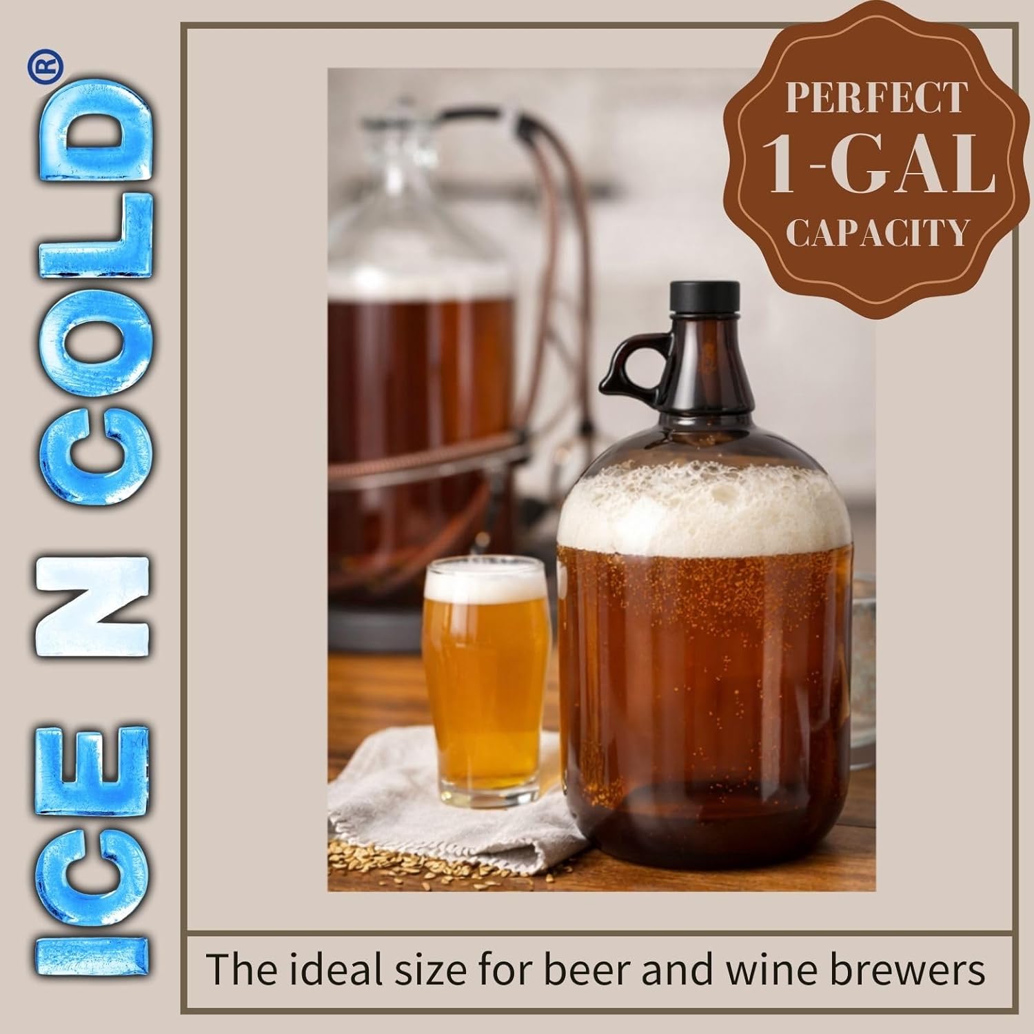 1 Gallon (128oz) Glazed Amber Glass Jug With 38mm Cap - Pack of Two, Large