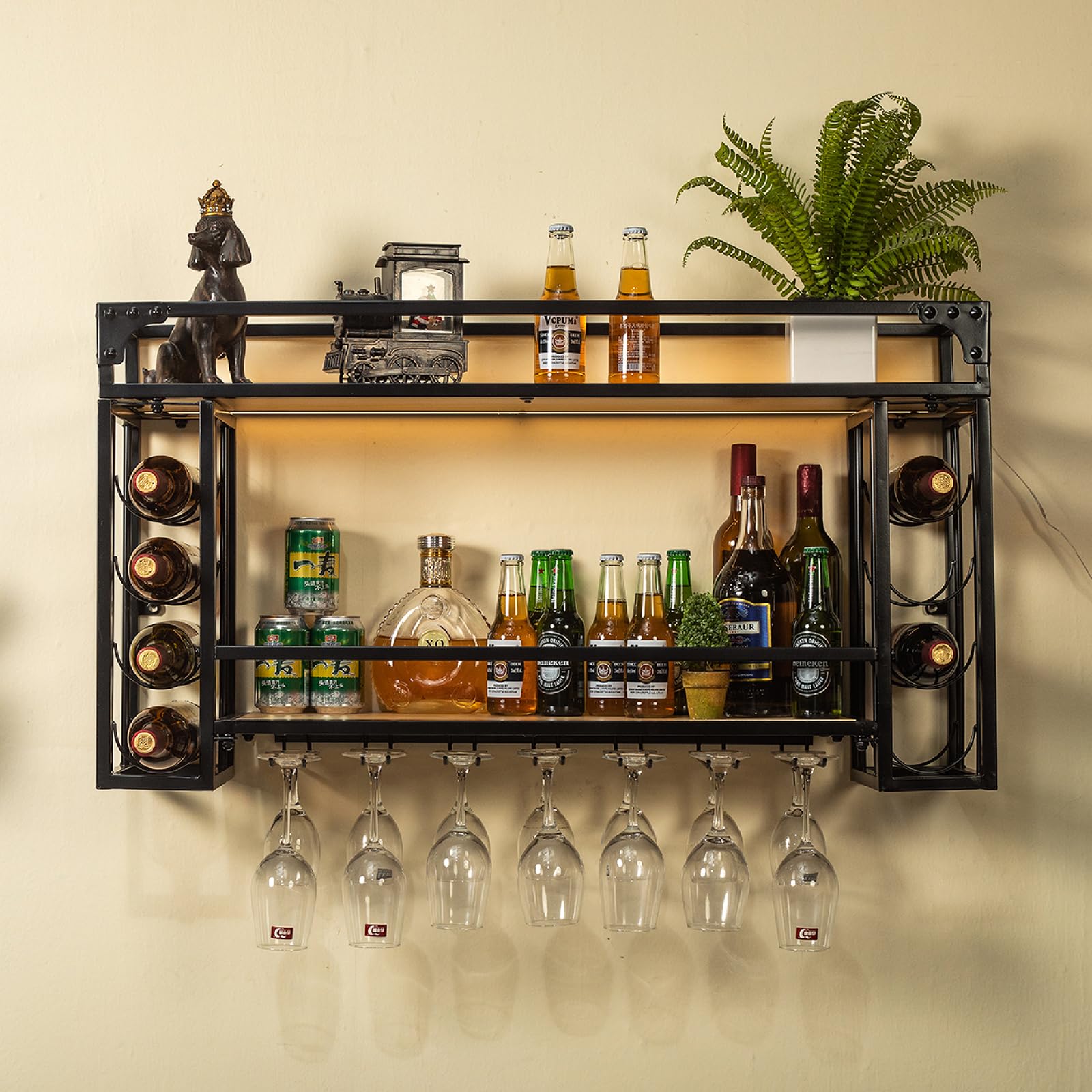 LED Industrial Wine Rack Wall Mounted, Wall Wine Rack, Hanging Wine Rack, Wall Wine Racks for Wine Bottles, Wine Rack with Glass Holder, 39.4" x 9.84" x 21.65" Double Layer