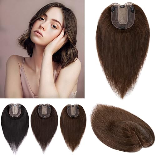 S-noilite Toppers de cabello humano real para mujer, sin flequillo, base de seda, 3.9 x 4.7 in, extensiones de cabello con clip para cabello fino,