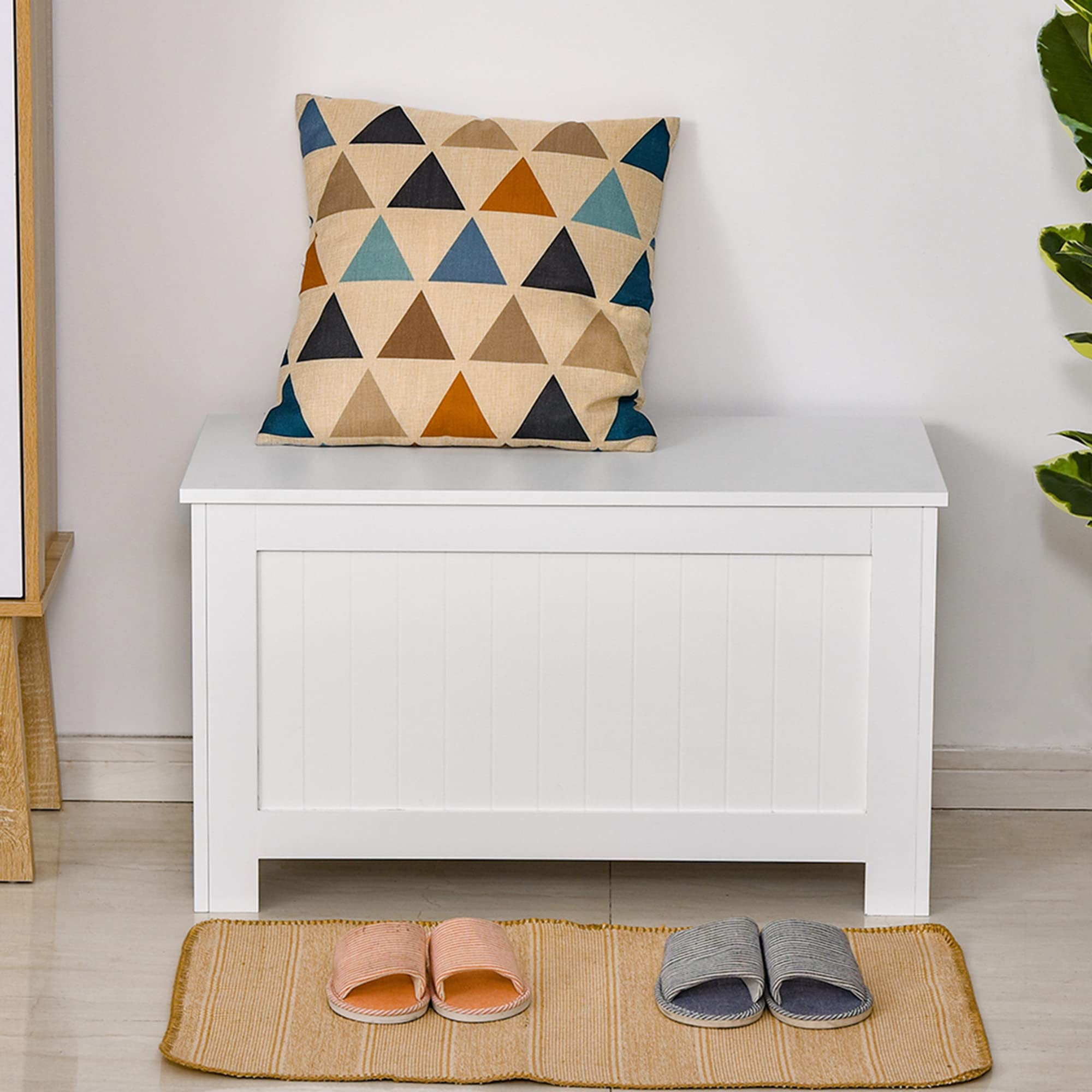 HOMCOM Coffre de Rangement Charnières de Sécurité 81L x 40l x 46H cm Blanc | Boîte de Rangement en Bois, Coffre à Jouets Intérieur, Couvercle Rabattable