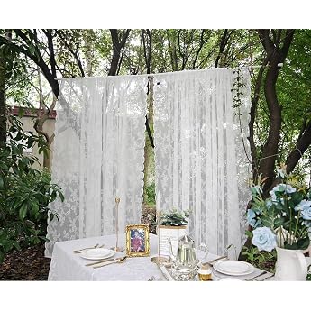 Curtains White Lace Curtain Flowers Embroidered Lace Curtains Set of 2 Transparent Curtain Lace Voile Lace Curtains with Curtain Straps for Living Room Bedroom Decor 2 Pieces W 150 x H 130 cm