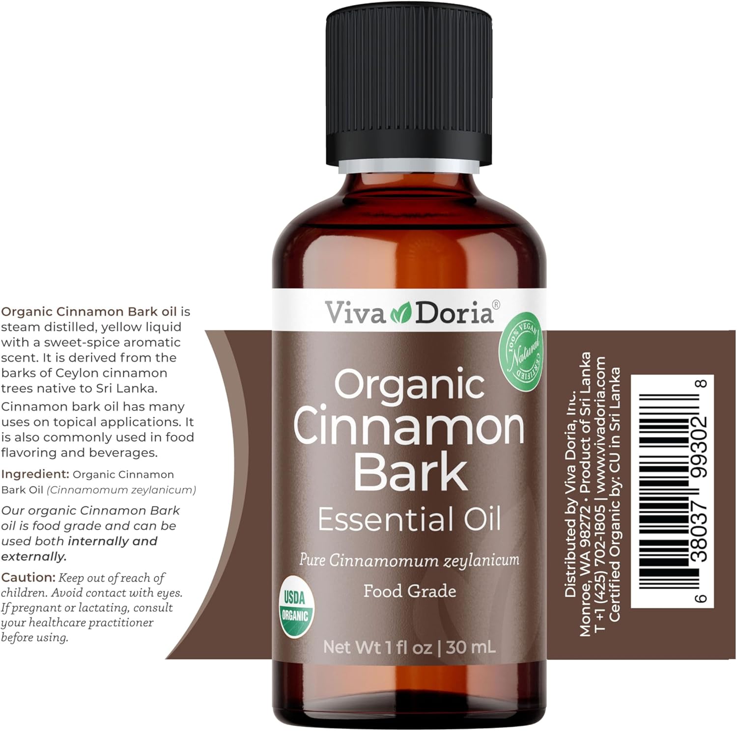 Viva Doria Cinnamon Bark Essential Oil, USDA Certified Organic Cinnamon Oil, 100% Pure, Natural Essential Oil, Undiluted, for Aromatherapy | Food Grade, 30 mL (1 Fluid Ounce)
