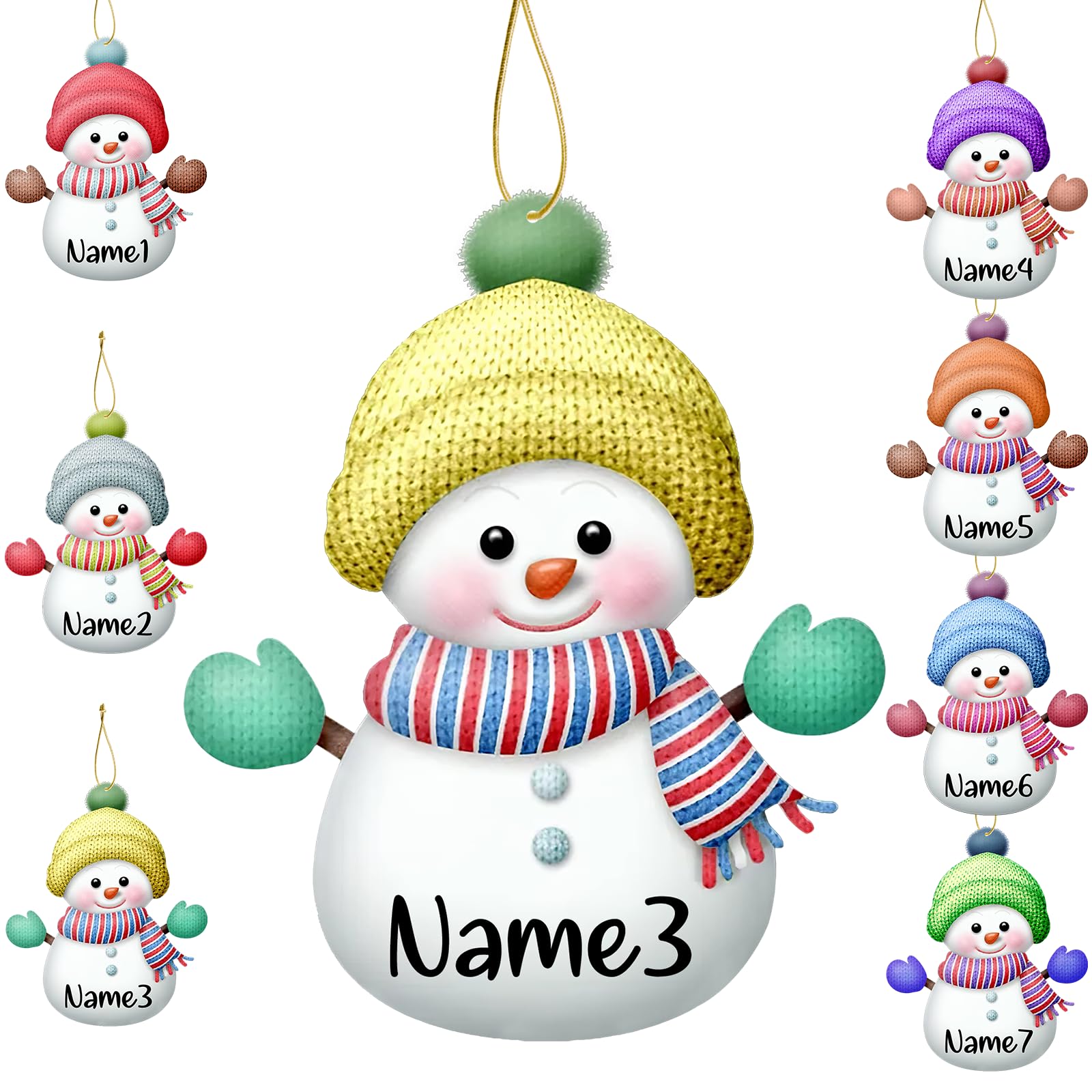 7Pcs Personalised Christmas Snowman Tree Ornaments Custom Ornaments with Names for Christmas Customized Xmas Decorations Ornament Gifts