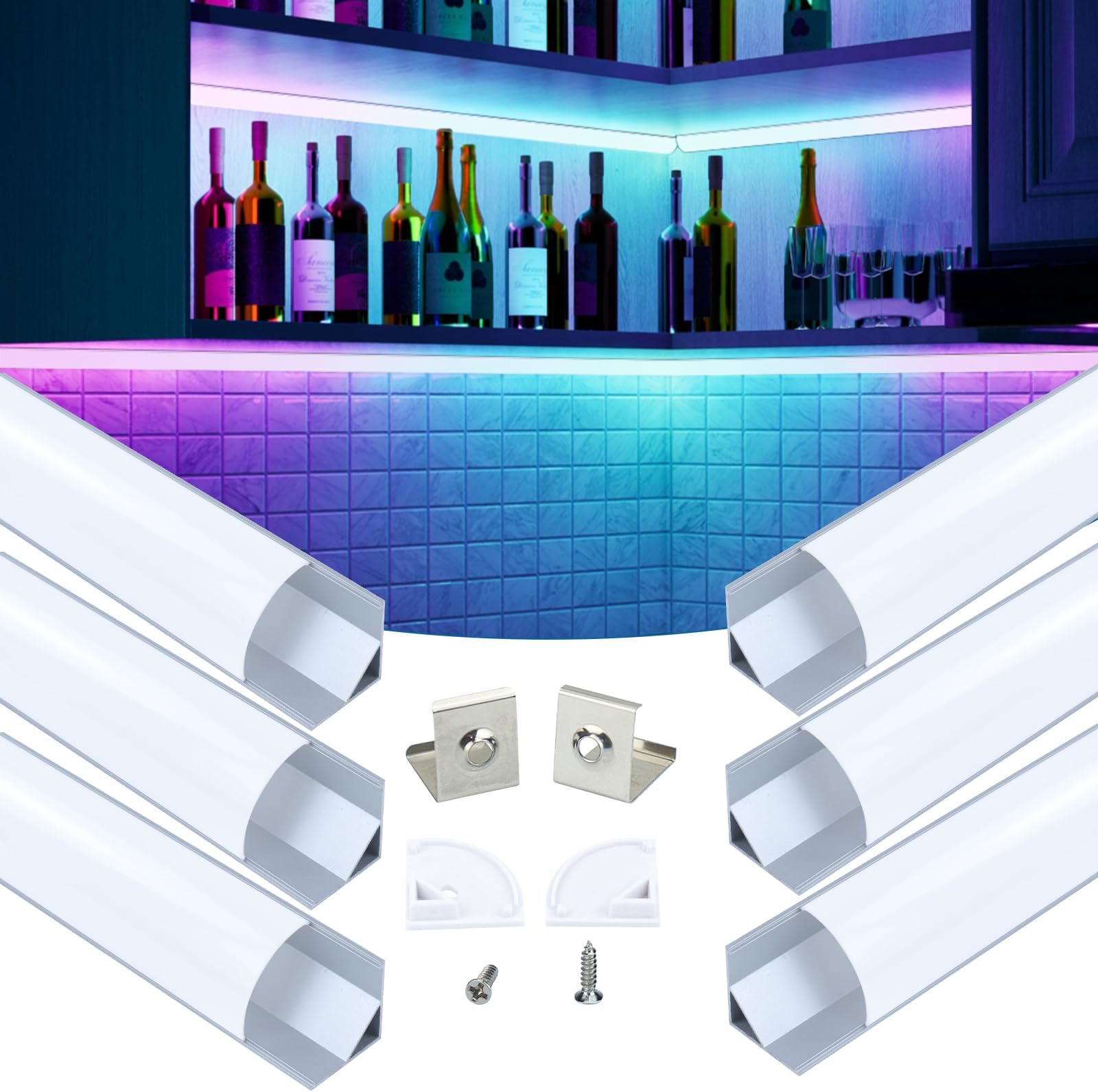 Muzata 6Pack 3.3FT/1M Plus-Size Spotless V Shape LED Profile with Milky White Cover 30x30MM Silver Aluminum Diffuser Channel LED Strip Light Diffuser V101 WW 1M