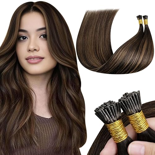 LaaVoo Extensiones de cabello humano real con punta I Tip, color marrón oscuro, balayage, extensiones de cabello humano con punta I de fusión fría,