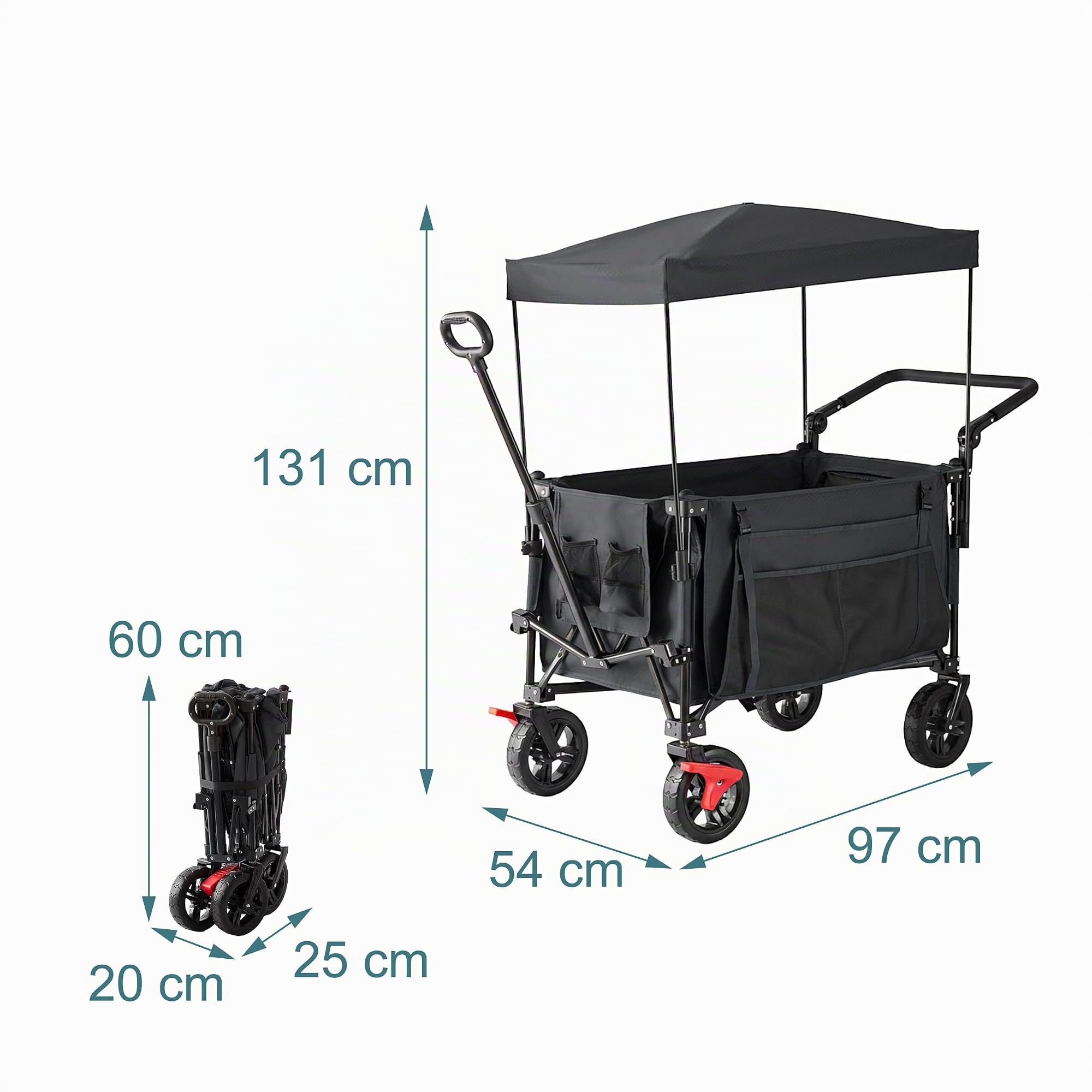 Relaxdays Carro Plegable, 150 kg, Capota, asa telescópica y de Empuje, Ruedas de Goma con Freno, Gris