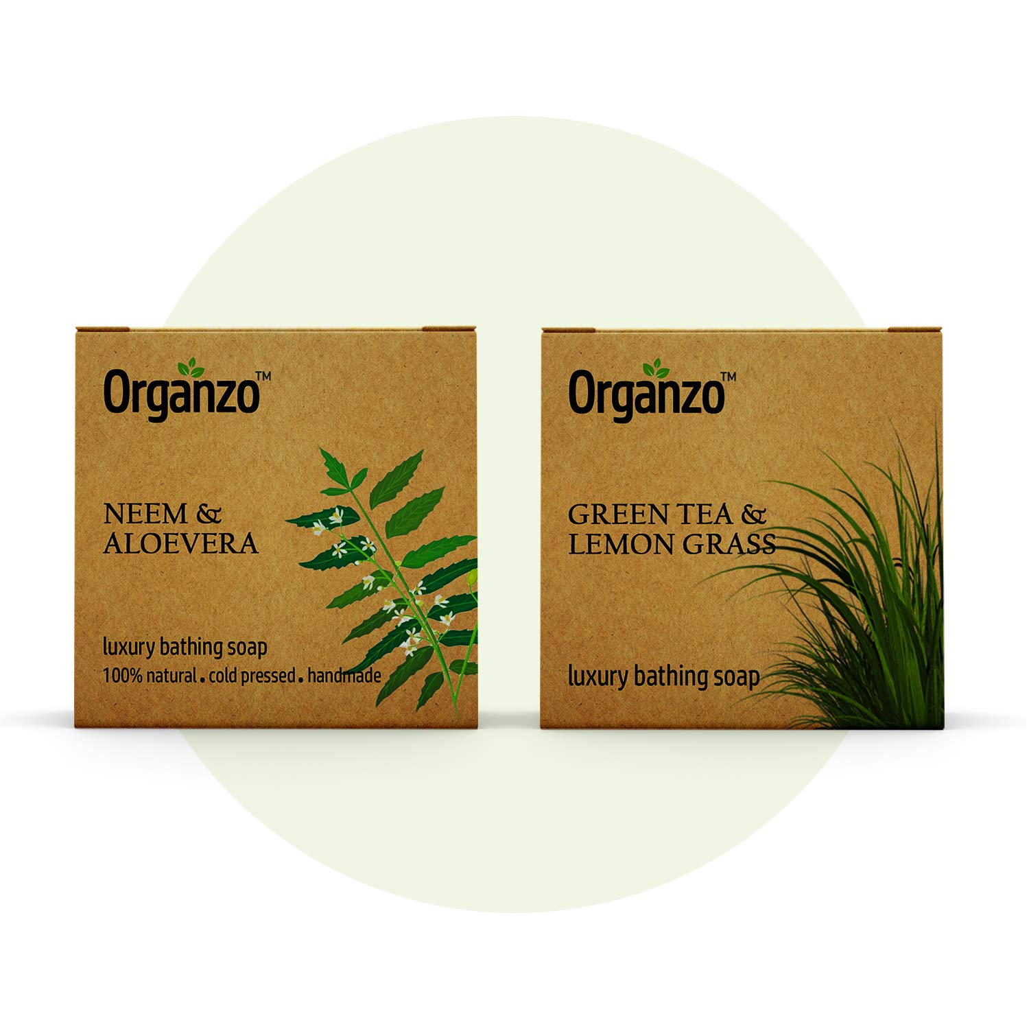 Organzo Organic Natural Hand Made Luxury Bathing Soap with Neem & Aloe Vera, Green Tea & Lemon Grass Chemical Free, Cold pressed Paraben Free SLS Free 100gm (Pack of 2)