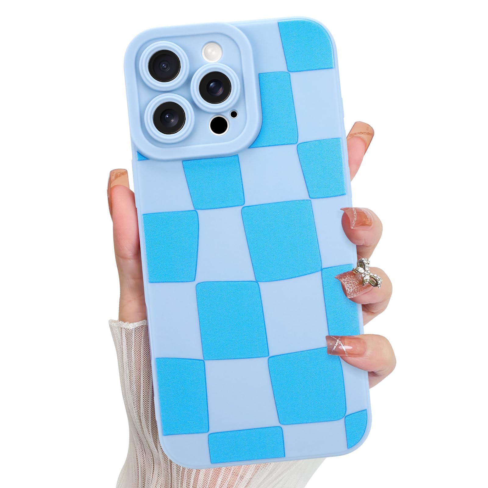KANGHAR Compatible with iPhone 15 Pro Case, Silicone Checkered Cute Pattern, Camera Protection Soft Slim Phone Case for Phone Case -Blue
