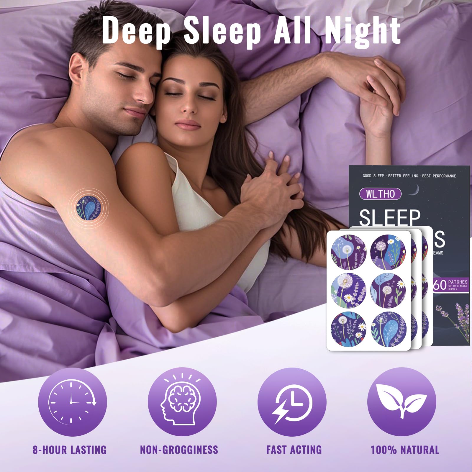 60ct Deep Sleep Patches for Adults - All Natural Sleep Patches Stickers with Valerian Root, Melatonin & Magnesium, 8-Hour Lasting, Non-GMO & Cruelty Free (Purple-60ct) — Amazon image 2