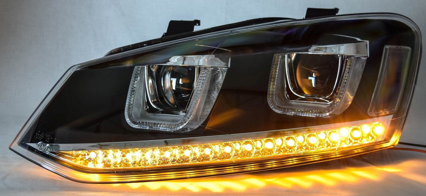Scheinwerfer Set, mit LED Blinker, mit U-Tube Tagfahrlicht Optik, in Schwarz | LED, Klarglas, Schwarz, 2-teilig, LED Blinker, U-Tube Tagfahrlicht-Optik, Halogen, H7/H7, Stellmotoren für LWR,