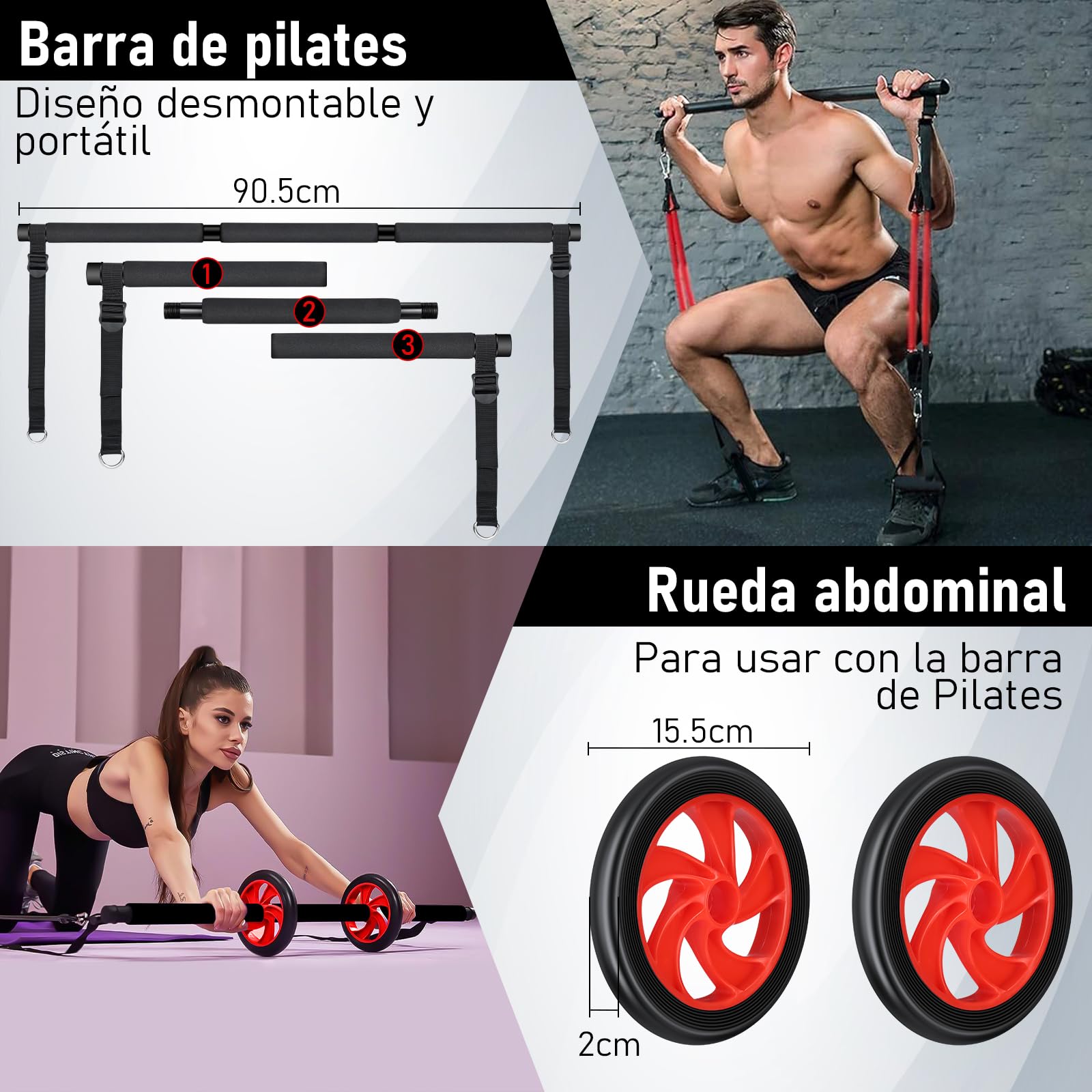 8 Gomas Elasticas Musculación (20/30/40/50lbs) con Barra de Pilates, Ruedas Abdominales, Anclaje para Puerta, Correas para Tobillos, Mango, Kit Pilates para Fitness en Casa, Gym