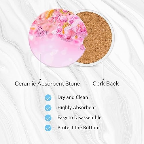 Miniatura 3 de Posavasos de automóvil con diseño de flor de cerezo rosa para portavasos de automóvil, juego de 2 posavasos de cerámica absorbente con muesca de