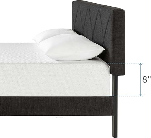 Miniatura 10 de Mellow MAVN - Cama con plataforma tapizada, cabecera moderna copetuda, listones y patas de madera real, color gris oscuro, tamaño matrimonial
